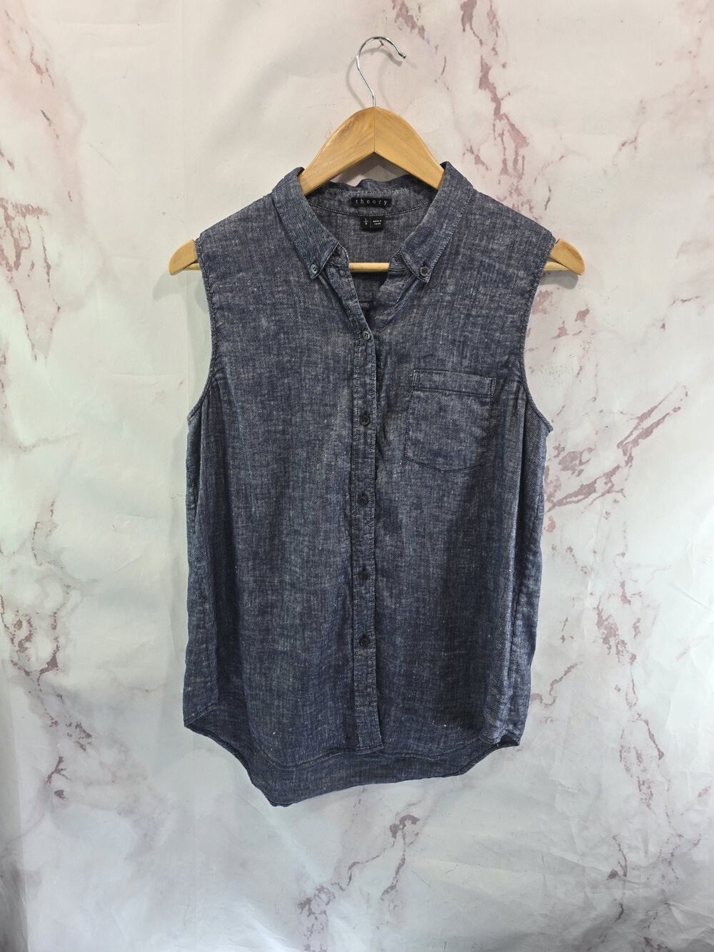 Theory Tank Top Womens Large Linen Blue Button Shirt Chambray